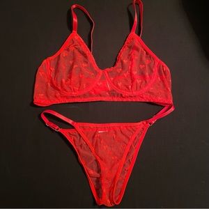 Red Mesh Heart Pattern Lingerie Set